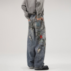 批发实拍2024秋冬新款裁片数码印花牛仔裤男宽松直筒韩版个性百搭潮牌