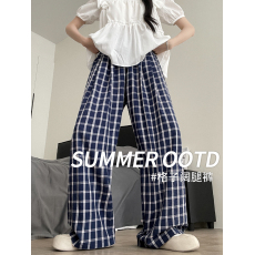 批发外贸原版藏青色格子裤子女新款冰丝薄款阔腿裤垂感遛弯山本直筒裤