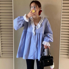 批发尺寸已更新INS博主款休闲慵懒风条纹花边V领宽松显瘦长袖上衣衬<b class='q'>衫</b>