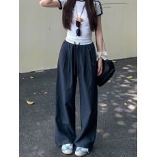 批发外贸原版<b class='q'>甜美</b>格子宽松阔腿裤休闲裤女秋季松紧腰直筒遛弯裤长裤