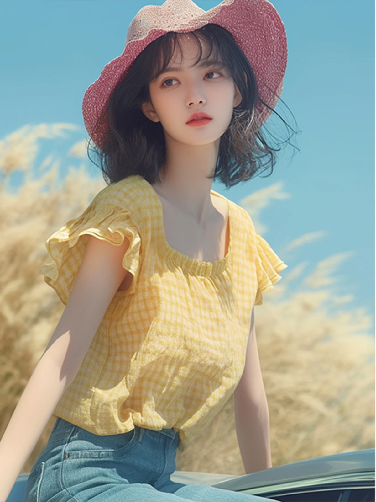 셔츠 여자 여름 새로운 외국 가스 연령 감소 프랑스식 아름다운 황색 광장 칼라 체크무늬 맨위 고유 한 아름다운 작은 셔츠