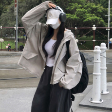 批发尺寸已更新复古帅气<b class='q'>街头</b>中性风拉链宽松百搭长袖连帽夹克风衣外套