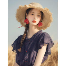 批发夏季港味复古chic上衣女小众洋气宽松气质绝美蓝色<b class='q'>波点</b>荷叶边<b class='q'>衬衫</b>