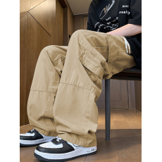 批发卡其色工装裤男款秋季大口袋拼接设计感裤子美式复古阔腿休闲长裤