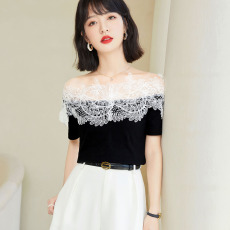 批发实拍2026夏新款小众超仙一字肩上衣女性感蕾丝露肩<b class='q'>短袖</b><b class='q'>T</b><b class='q'>恤</b>