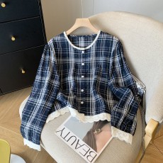 批发实拍春秋蕾丝花边拼接<b class='q'>格子</b>长袖衬<b class='q'>衫</b>女设计感宽松百搭上衣潮