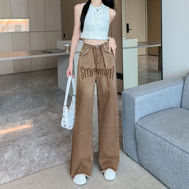 PF19467#复古渐变色抽绳直筒牛仔裤女夏季毛边高腰阔腿裤子长裤女裝貨源服裝批發