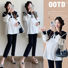 批发实拍2025秋季新款拼接衬衣假两件孕妇宽松上衣