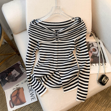 批发实拍 大货2026春装新款甜辣妹露肩修身纯欲风条纹上衣T恤<b class='q'>针织衫</b>女