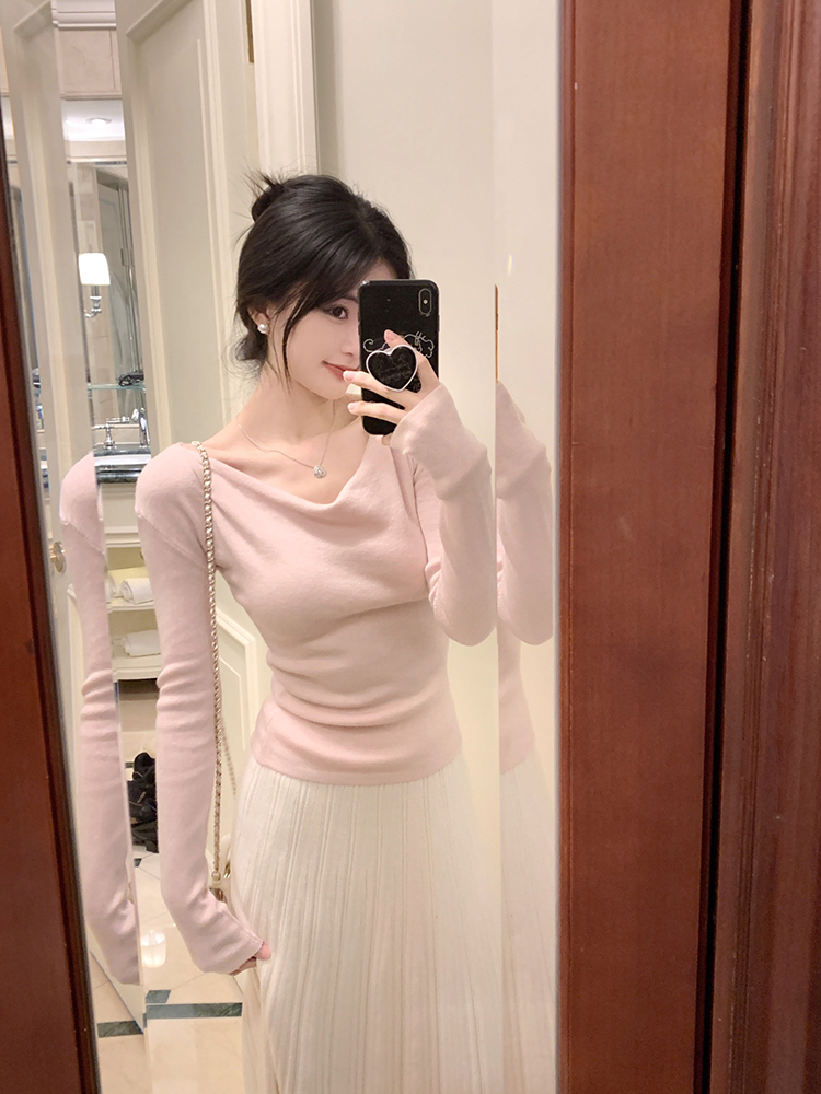 봄 가을 새로운 불규칙한 니트웨어 긴 소매 티셔츠 스웨터 바지를 입는 셔츠 여자 흔들다 칼라 슬림 피트 슬림 맨위
