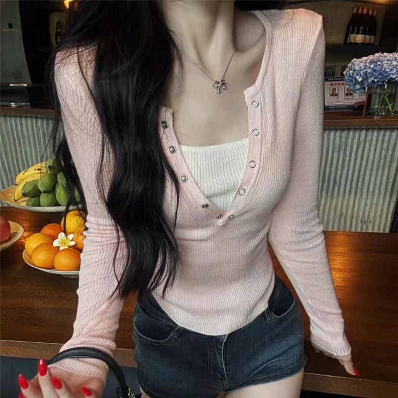 PF19307# 现货2024秋冬新款辣妹风美式复古假两件长袖t恤内搭打底衫上衣女裝貨源服裝批發