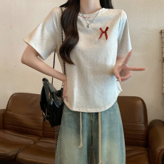 实拍230克彩棉短袖t恤夏2026新款潮刺绣正肩修身短款圆领上衣女装