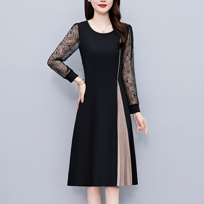 PF19366# 假两件套修身中长款大码女装胖mm阔太太长袖连衣裙春秋季新款显瘦女裝貨源服裝批發
