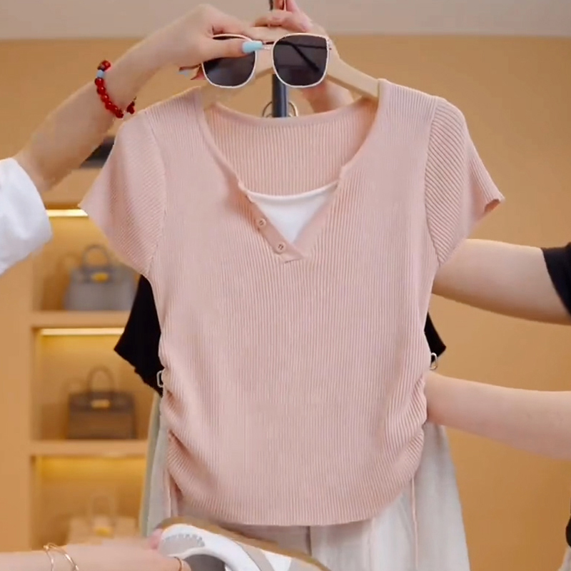 RY70087# 高含棉设计感短袖t恤女士2026夏季新款时尚收腰假两件上衣