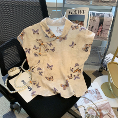 批发新中式蝴蝶印花亚麻<b class='q'>衬衫</b>女夏款国风盘扣坎肩小衫无袖旗袍领小上衣