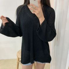 批发现有货 大码胖mm 韩国chic休闲宽松v领针织慵懒百搭长袖防晒上衣