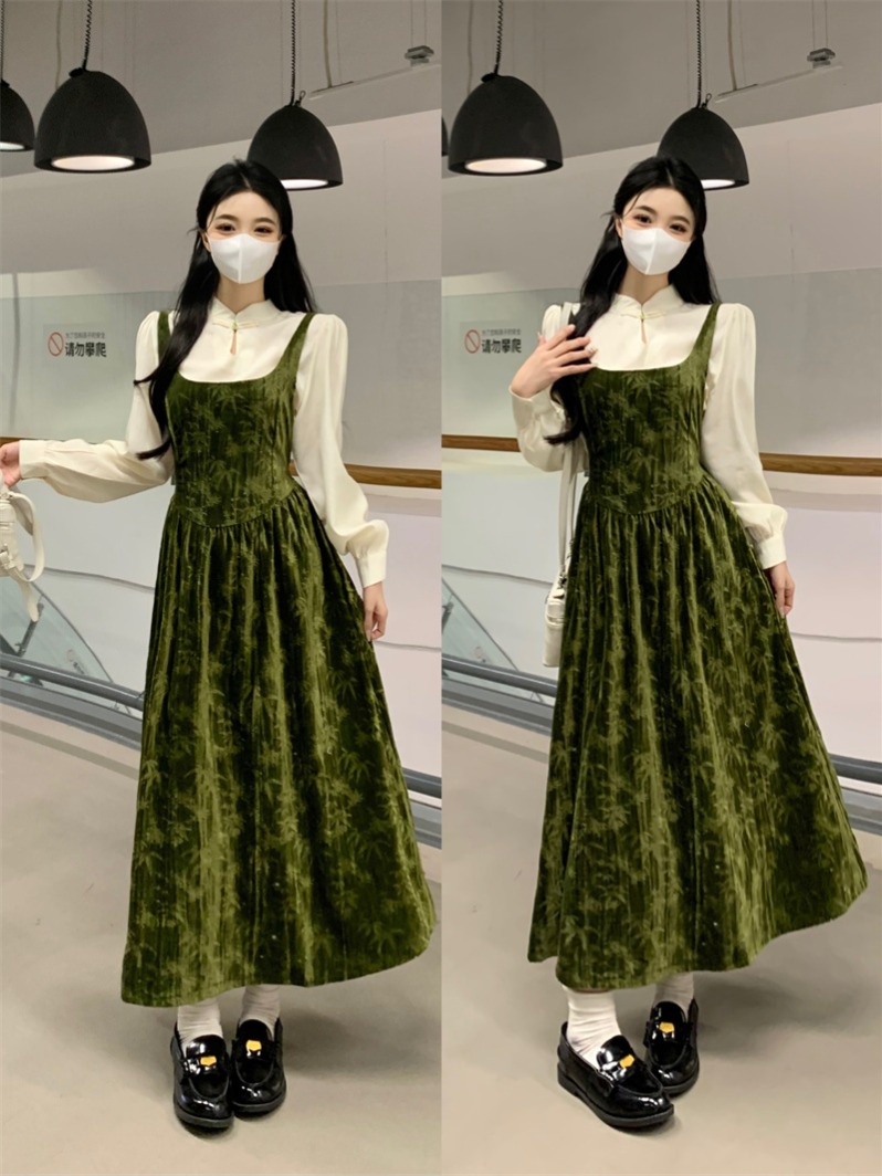실사 2026 새로운 중식 페이크 레이어드 프린트 벨벳 드레스 지방 mm 하이웨이스트 슬림해 보이는 품격 롱 스커트