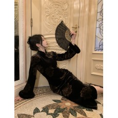 批发复古新中式国风丝绒富贵花毛毛军阀旗袍<b class='q'>连衣裙</b>气质修身黑色长裙