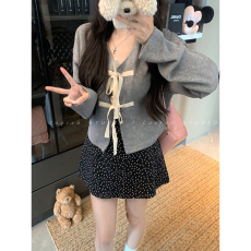 批发实拍~大码女装蝴蝶结绑带针织开衫百搭显瘦上衣+高腰波点A字短裙