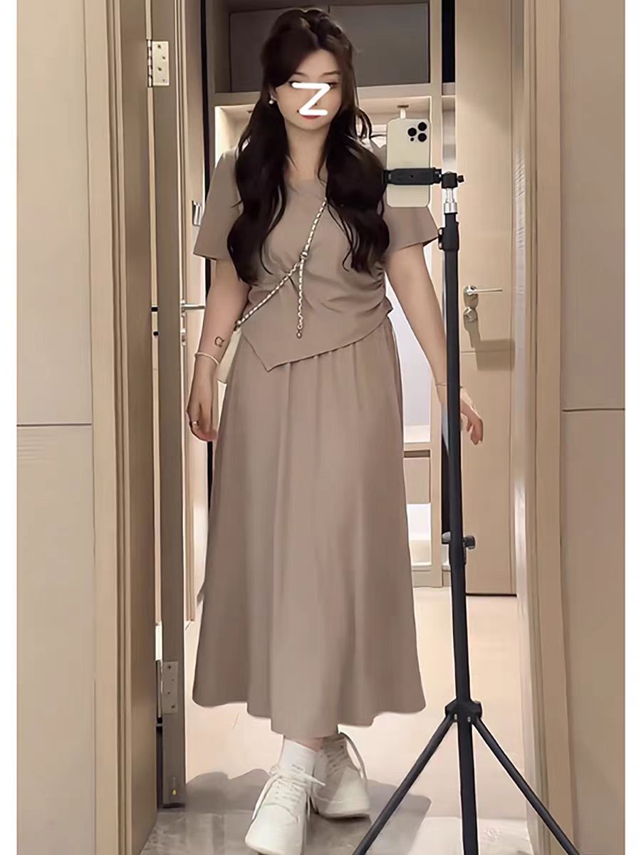 RY8571# 大码女装胖mm韩系慵懒风不规则短袖T恤+半身裙女夏季显瘦遮肉套装