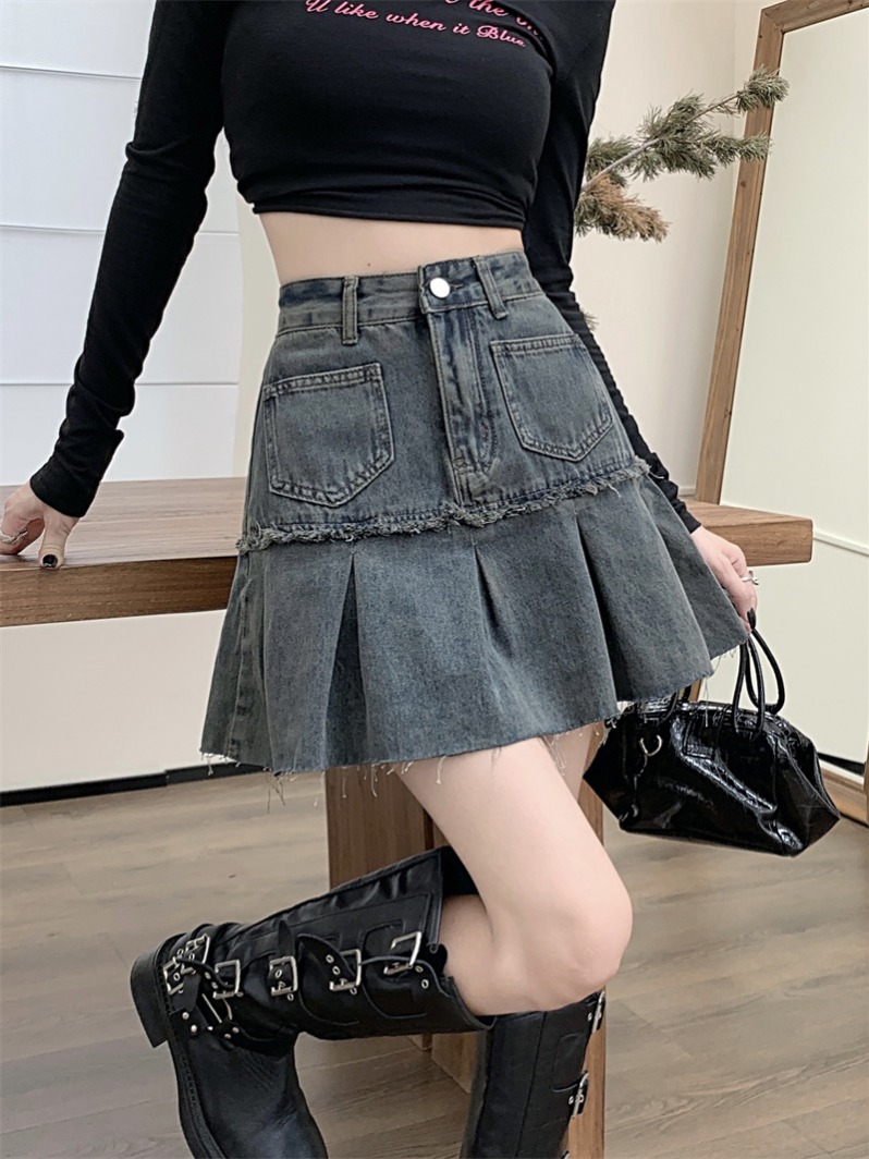 MY15997# 复古高腰显瘦牛仔百褶裙新款小个子辣妹A字短裙女裝貨源服裝...