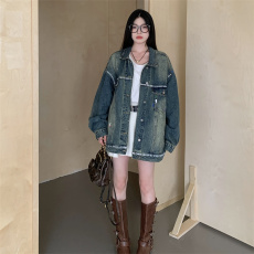 批发实拍大码胖M重工扎染过渡色喷漆设计感水洗做旧宽松牛仔外套