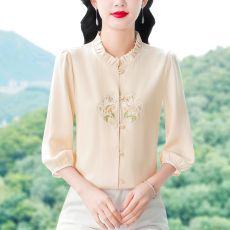 批发实拍 2026夏新款新中式木耳绣花衬衫女春夏装中袖上衣