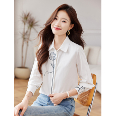 批发2026春季新款通勤翻领钉钻玫瑰刺绣暗门襟全棉衬衫女衬衣上衣