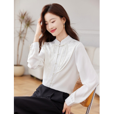 批发2026春季新款气质复古立领盘扣印花拼接单品扣纯色长袖雪纺衬衫女