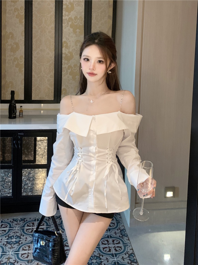 PF22254#法式纯欲气质绑带一字肩衬衫女新款辣妹修身显瘦绝美上衣女裝貨源服裝批發