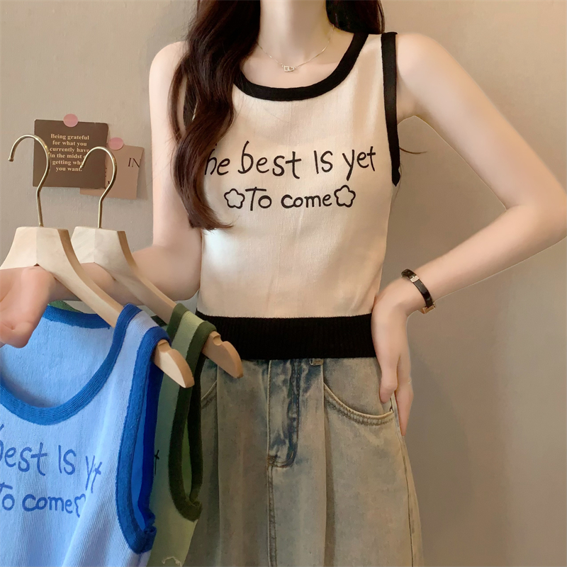 FA13877# 批发价夏季新款甜辣风撞色设计感显瘦圆领无袖针织上衣 服裝批發女裝批發服飾貨源