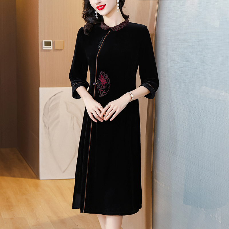 PF19422# 丝绒桑蚕丝真丝连衣裙新中式刺绣中长裙时尚气质大码小个子可穿女裝貨源服裝批發