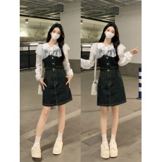 批发实拍～大码女装时尚高级感显瘦牛仔背带裙+蕾丝拼接领衬衣