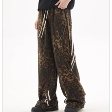 批发夏季薄款豹纹牛仔裤男直筒休闲潮牌高街日系复古痞帅美式嘻哈裤子