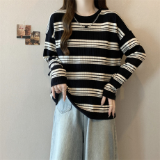 批发实拍<b class='q'>大码</b>女装早秋圆领百搭宽松立体条纹显瘦针织衫T恤<b class='q'>饰品</b>可卸