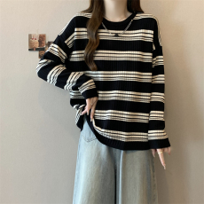 批发实拍<b class='q'>大码</b>女装春季圆领百搭宽松立体条纹显瘦针织衫T恤<b class='q'>饰品</b>可卸