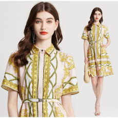 批发<b class='q'>巴洛克</b>印花三种镶钻金属扣松紧腰带可拆卸双门筒衬衫<b class='q'>连衣裙</b>有口袋