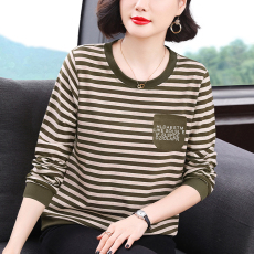 批发妈妈装宽松长袖T恤女2026年春季新款条纹<b class='q'>大码</b>女装套头圆领上衣潮