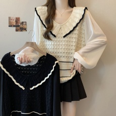 批发实拍~大码新款娃娃领镂空长袖撞色拼接针织衫女春胖mm设计感上衣
