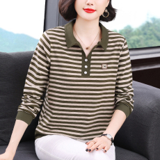 批发条纹长袖翻领t恤女春季2026年新款中老年妈妈上衣宽松加<b class='q'>大码</b>女装