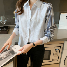 批发实拍洋气秋季新款女装翻领撞色条纹<b class='q'>雪纺</b><b class='q'>衫</b>上衣开衫衬衫打底衫衬衣