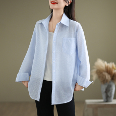 实拍2026早春韩国chic皱感条纹衬衫大码女装宽松衬衫