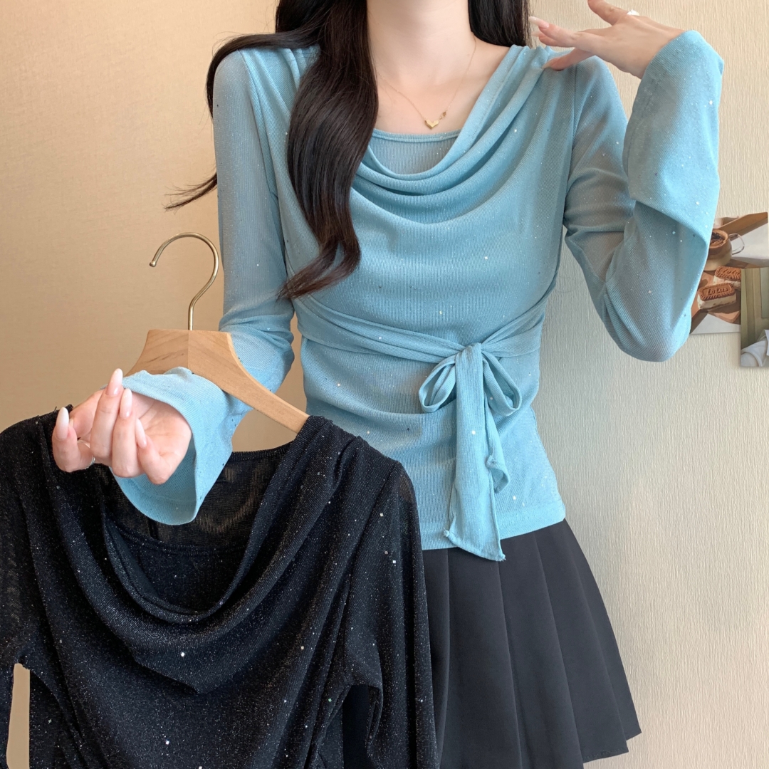 FA35063# 首发春秋款大码时尚亮片百搭显瘦小心机纯欲系带长袖上衣 服裝批發女裝批發服飾貨源