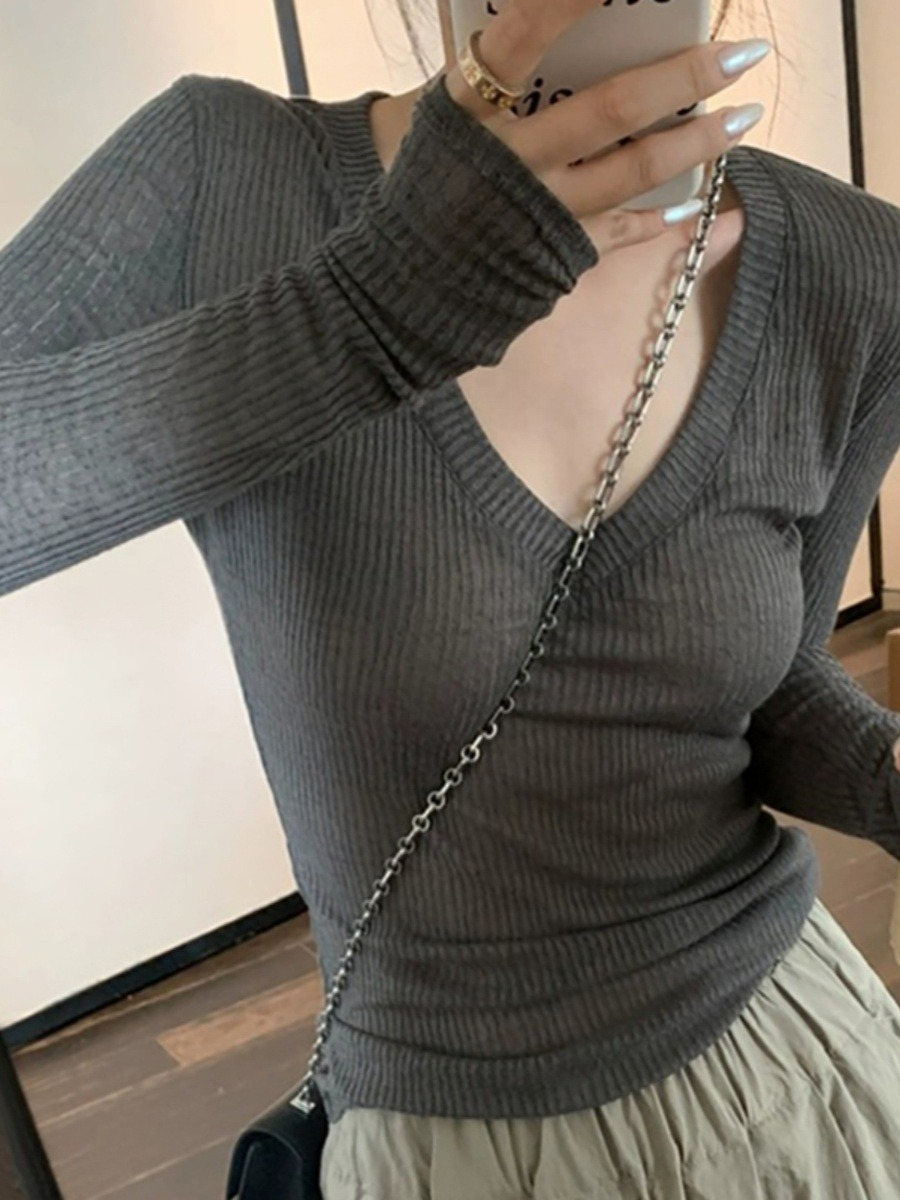 mr 눈꽃 주간 실크 여름 아메리칸 레트로 V넥 긴팔 티셔츠 여성 얇은 스타일 품격 작은 대중 인사이드 가져 가라. 기본 셔츠