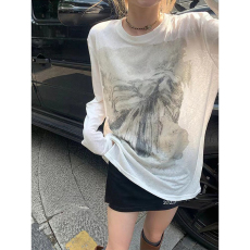 批发竹节螺纹 美式高街白色涂鸦印花早秋长袖<b class='q'>t</b><b class='q'>恤</b>女夏薄款防晒罩衫上衣