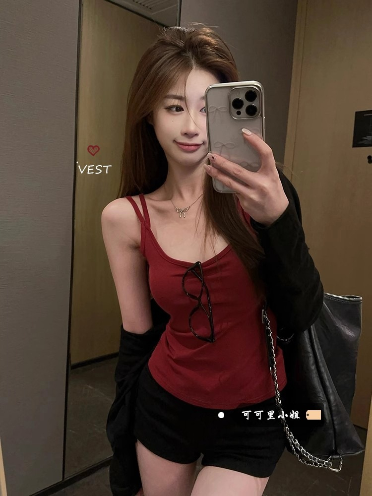 모달 사람들 면 고급 센스 더블 어깨끈 작은 슬링 맨위 여성 만나는 쇼트 스타일 아름다움 뒤로 조끼 외출용 트렌디