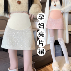 批发秋冬新款孕妇半身裙时尚休闲亮片短裙高腰包臀防走光A字裙