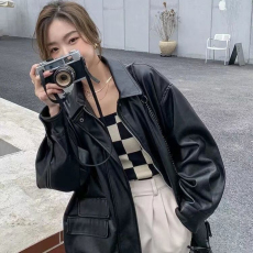 批发黑色仿皮衣外套女2024春秋美欧新款港风休闲pu皮夹克上衣