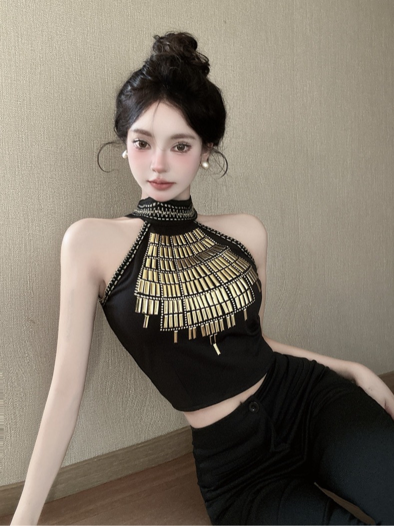 실사 순수한 욕망 검정색 무거운 작업 뜨거운 조각 행침 목 작은 조끼 핫걸 외출용 맨위 트렌디