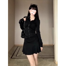 批发钓系约会辣妹风美式黑色短裙纯欲收腰显瘦气质polo领设计感连衣裙